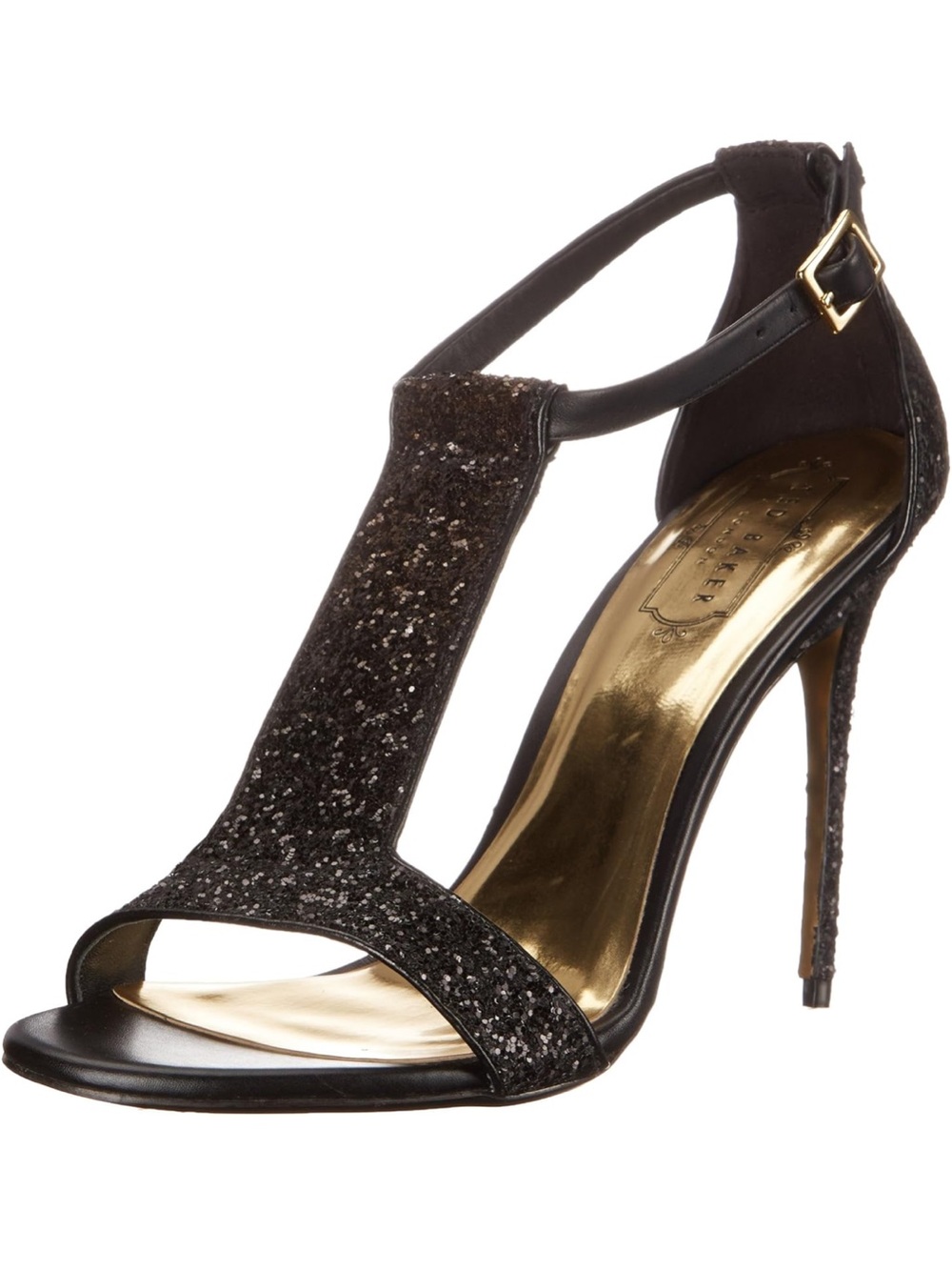 TED BAKER PWRIMROSE2 Black Glitter T-Strap High Heel Sandals - Brand: 38.5/7.5